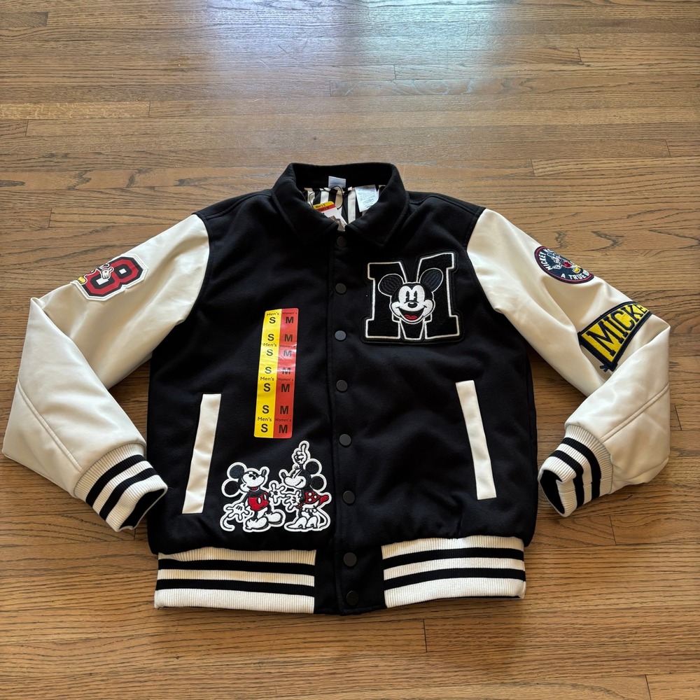 Disney Mickey and Friends Varsity Jacket Mens Sm Black White Patch Letterman NWT